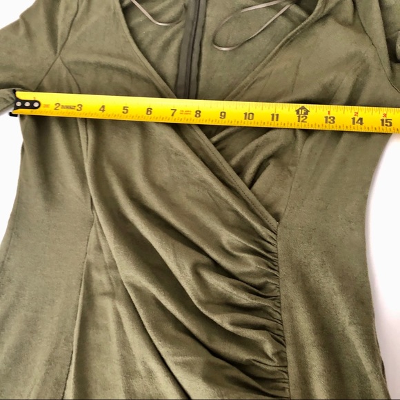 Solemio asymmetrical hem faux suede olive green long sleeve bodycon v-neck dress - Picture 4 of 13